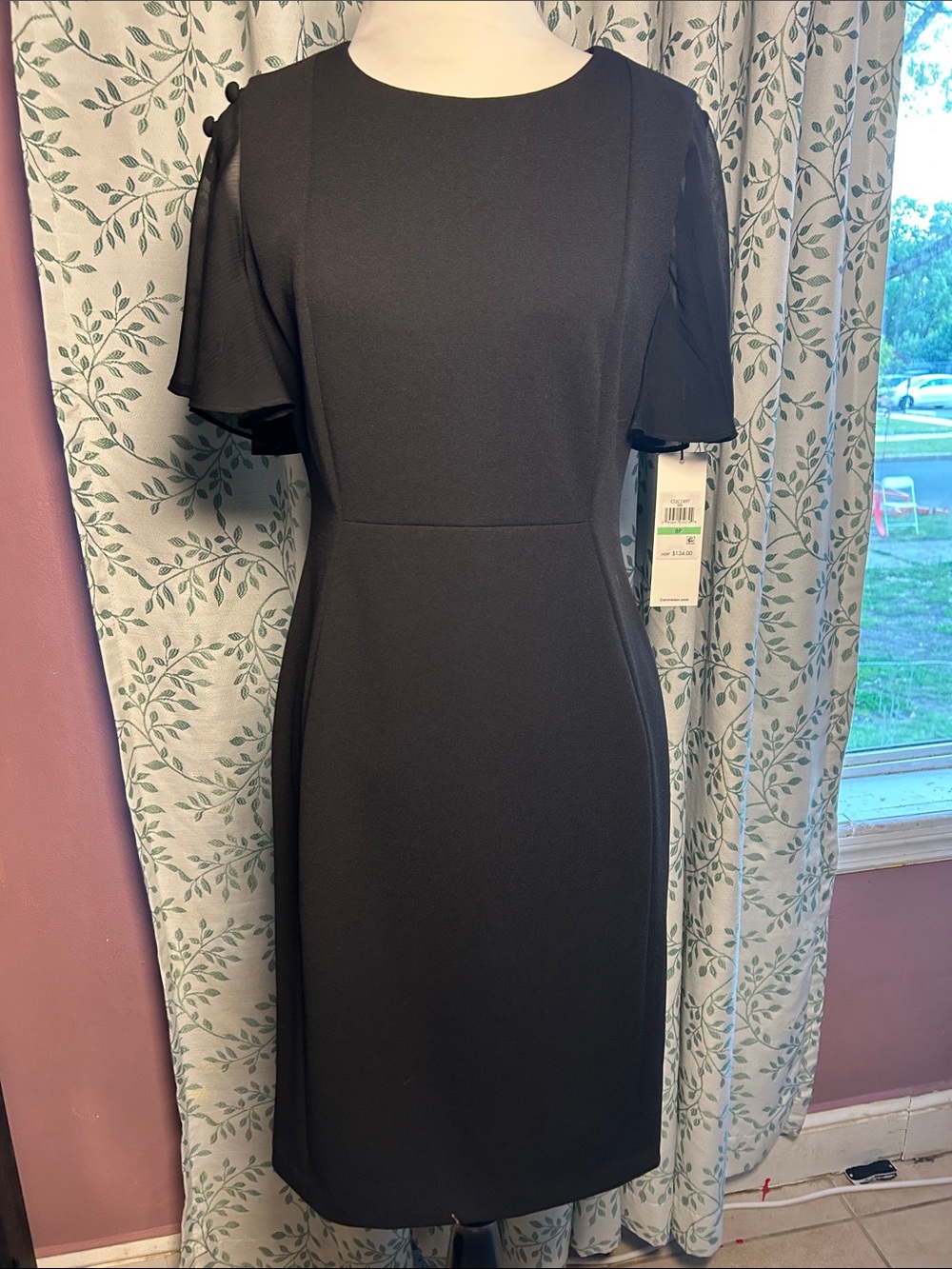 Calvin Klein Black Midi Sheath Dress with Flutter Sleeves